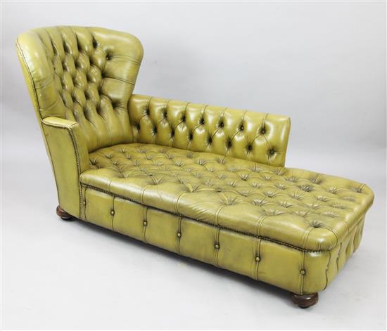 A Victorian style buttoned green leather chaise longue, W.5ft 6in. H.3ft 1in.